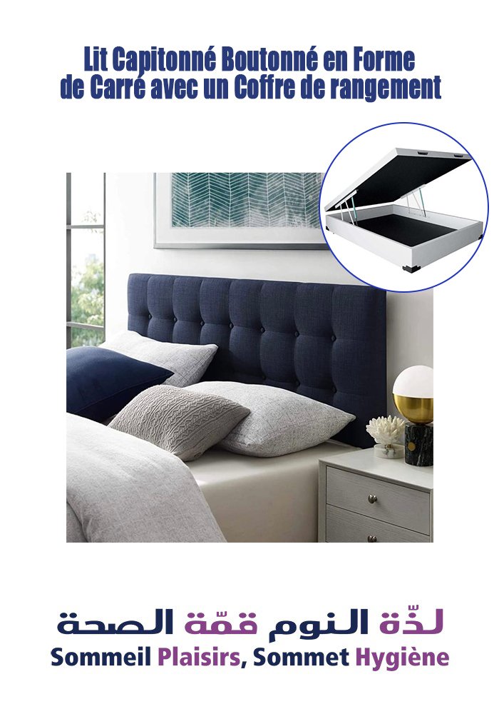 Lit Capitonné Boutonné en Forme de Carré avec un Coffre de rangement - Matelas Lit Capitonné Boutonné en Forme de Carré avec un Coffre de rangement