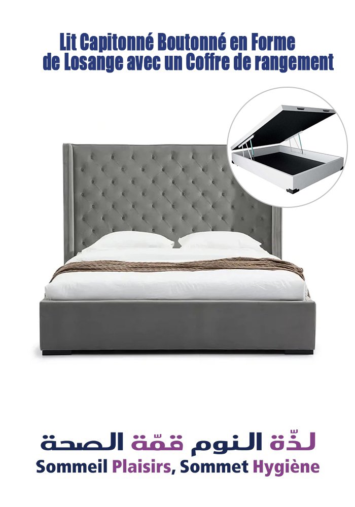 Lit Capitonné Boutonné en Forme de Losange avec un Coffre de rangement - Matelas Lit Capitonné Boutonné en Forme de Losange avec un Coffre de rangement