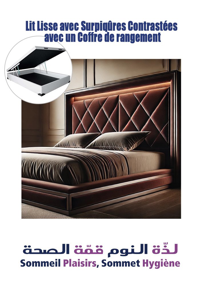 Lit Lisse avec Surpiqûres Contrastées avec un Coffre de rangement - Matelas Lit Lisse avec Surpiqûres Contrastées avec un Coffre de rangement