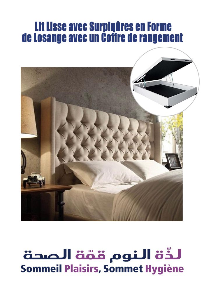 Lit Lisse avec Surpiqûres en Forme de Losange avec un Coffre de rangement - Matelas Lit Lisse avec Surpiqûres en Forme de Losange avec un Coffre de rangement