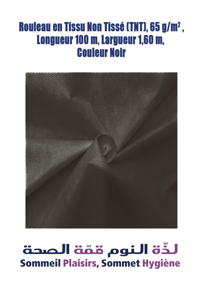 Rouleau de Tissu Non Tissé (TNT), 65 g/m², Longueur 100 m, Largeur 1,60 m, Couleur Noir